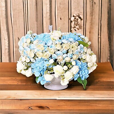 Aranjament din flori artificiale Bucurie | Hortensii real touch | Bijuterie aquamarine, 
cristale transparente | AF0021