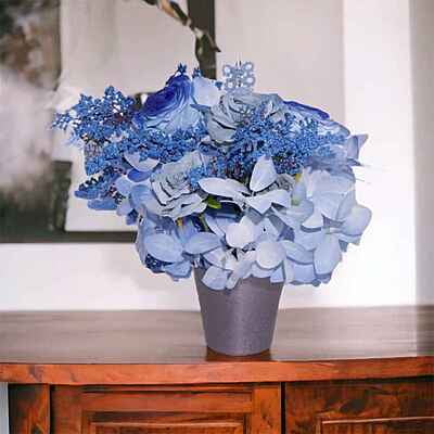 Aranjament din flori artificiale Libertate | Trandafiri real touch | Bijuterie aquamarine, cristale blue | AF0093