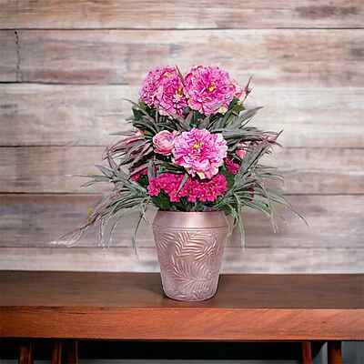 Aranjament din flori artificiale Armonie | Bujori si Violete real touch | Bijuterie quartz, cristale roz fumurii | AF0132