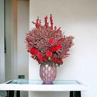 Aranjament din flori artificiale Pasiune | Garoafe real touch | Bijuterie jad rosu, cristale beige | AF0140
