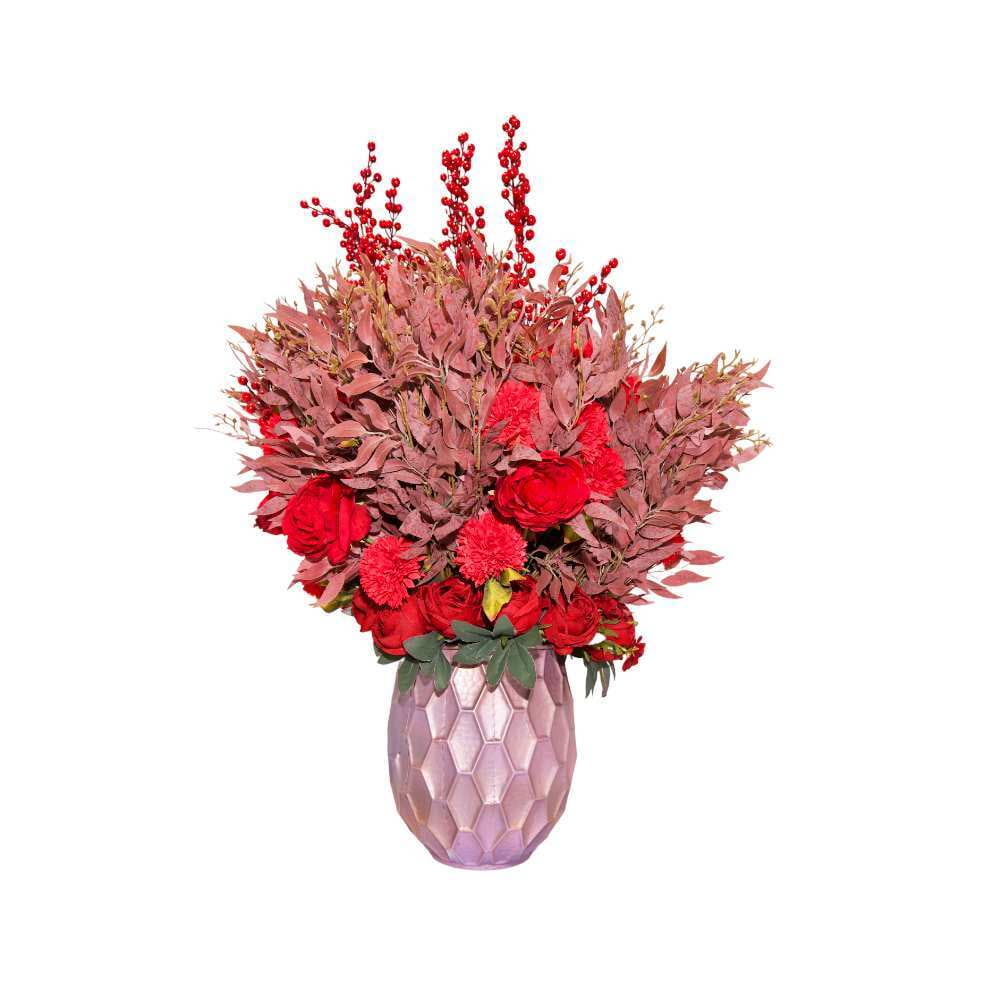 Aranjament din flori artificiale Pasiune | Garoafe real touch | Bijuterie jad rosu, cristale beige | AF0140 Aranjament din flori artificiale Pasiune | Garoafe real touch | Bijuterie jad rosu, cristale beige | AF0140