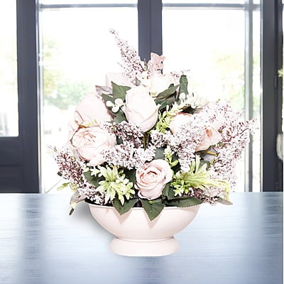 Aranjament din flori artificiale Armonie | Bujori si trandafiri real touch | Bijuterie quartz roz, cristale roz | AF0032