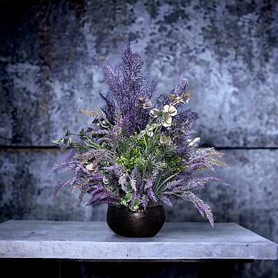 Aranjament din flori artificiale Elixir | Lavanda real touch | Bijuterie ametist, cristale aurii | AF0042