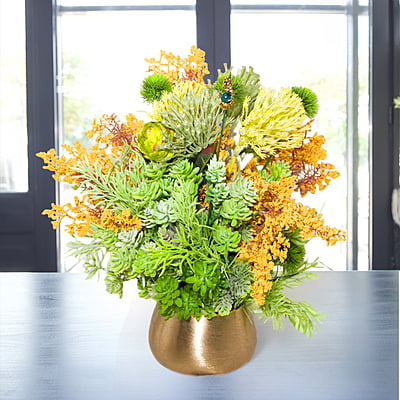 Aranjament din flori artificiale Magic | Plante ornamentale asortate real touch | Bijuterie crisocola,cristale aurii | AF0038