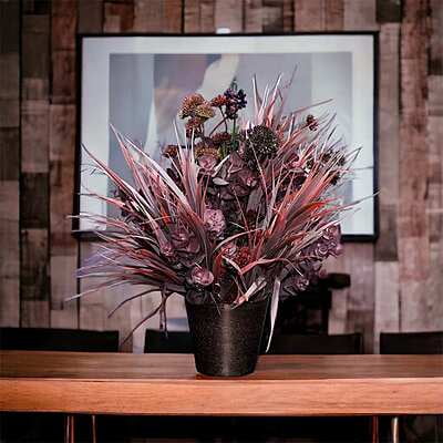 Aranjament din flori artificiale Energie | Plante ornamentale asortate real touch | Bijuterie rubin, cristale mov | AF0036