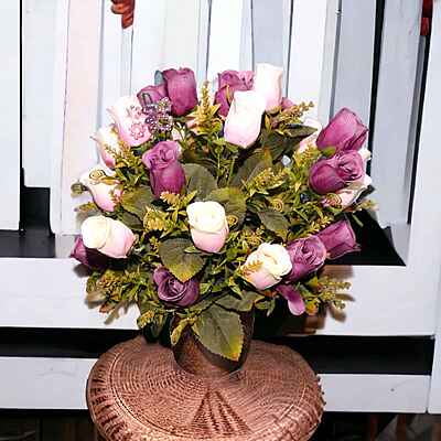 Aranjament din flori artificiale Frumusete | Trandafiri real touch | Bijuterie rubin, cristale roz | AF0056