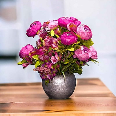 Aranjament din flori artificiale Armonie | Bujori real touch | Bijuterie agate, cristale roz | AF0144