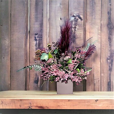 Aranjament din flori artificiale Armonie | Plante ornamentale asortate real touch | Bijuterie perla roz, cristale mov | AF0018