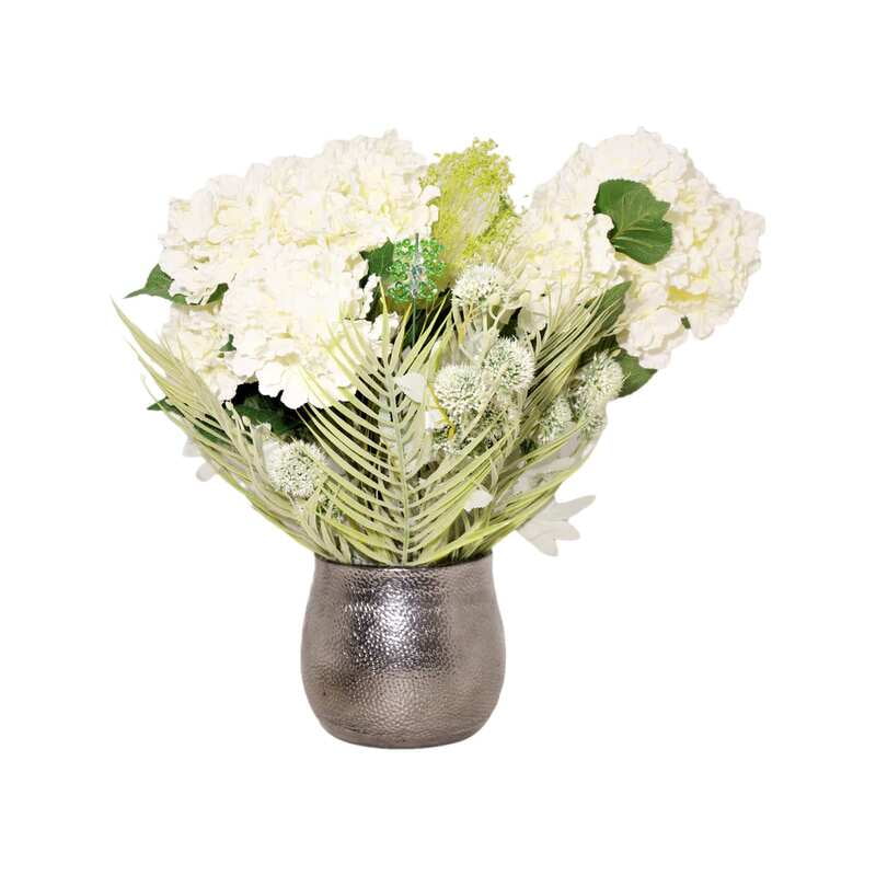 Aranjament din flori artificiale Echilibru | Hortensii real touch | Bijuterie florit, cristale verzi | AF0007