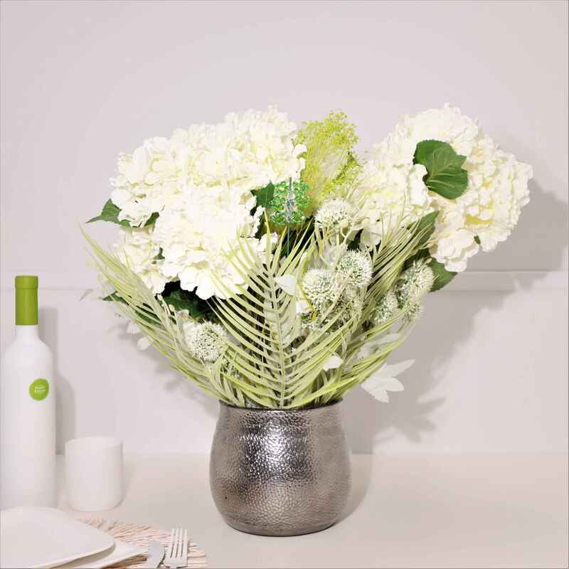 Aranjament din flori artificiale Echilibru | Hortensii real touch | Bijuterie florit, cristale verzi | AF0007