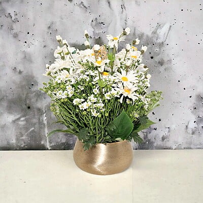 Aranjament din flori artificiale Echilibru | Margarete real touch | Bijuterie agate, cristale crem | AF0005