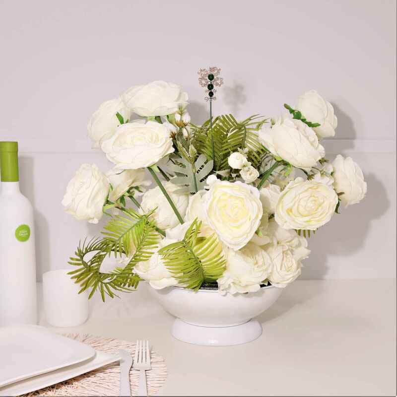 Aranjament din flori artificiale Echilibru | Trandafiri real touch | Bijuterie moldavit, cristale crem | AF0008 Aranjament din flori artificiale Echilibru | Trandafiri real touch | Bijuterie moldavit, cristale crem | AF0008