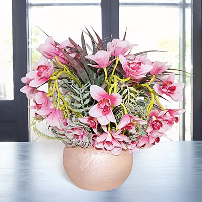 Aranjament din flori artificiale Imperial | Orhidee real touch | Bijuterie opal, cristale mov | AF0097