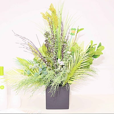 Aranjament din flori artificiale Prospetime | Plante ornamentale asortate real touch | Bijuterie citrin, cristale verzi | AF0016