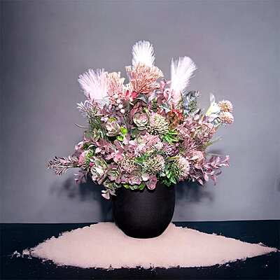 Aranjament din flori artificiale Armonie | Plante ornamentale asortate real touch | Bijuterie quartz roz, cristale roz | AF0026