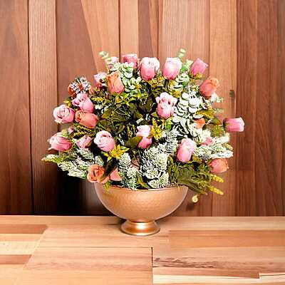 Aranjament din flori artificiale Armonie | Trandafiri real touch | Bijuterie piatra soarelui, cristale albe transparente | AF0122