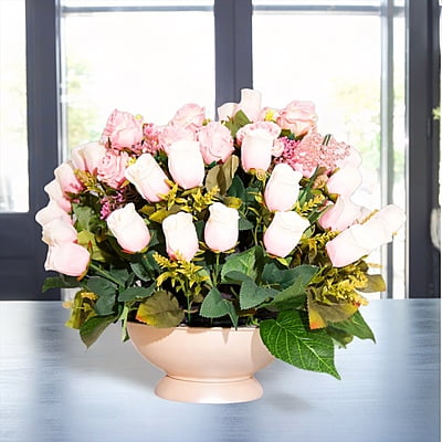 Aranjament din flori artificiale Armonie | Trandafiri real touch | Bijuterie opal, cristale roz | AF0143