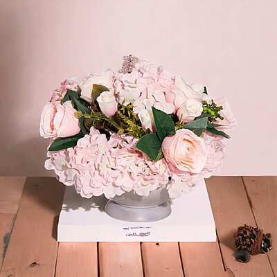Aranjament din flori artificiale Armonie | Trandafiri real touch | Bijuterie perla roz, cristale roz | AF0124