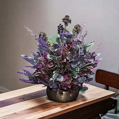 Aranjament din flori artificiale Elixir | Bujori si Lavanda real touch | Bijuterie quartz roz, cristale mov fumurii | AF0137