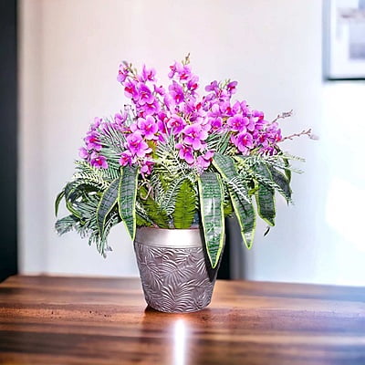 Aranjament din flori artificiale Imperial | Orhidee real touch | Bijuterie agata indiana, cristale argintii | AF0134