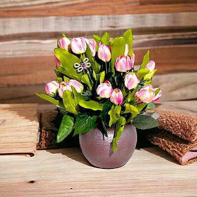 Aranjament din flori artificiale Armonie | Lalele real touch | Bijuterie rubin, cristale beige | AF0111