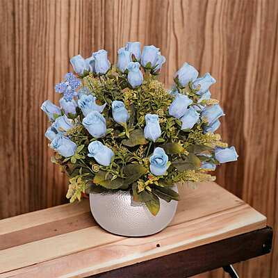 Aranjament din flori artificiale Libertate | Trandafiri real touch | Bijuterie aquamarine, cristale albastre | AF0147