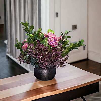 Aranjament din flori artificiale Armonie | Trandafiri real touch | Bijuterie quartz roz, cristale mov | AF0085