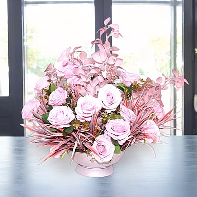 Aranjament din flori artificiale Armonie | Trandafiri real touch | Bijuterie perla roz, cristale roz | AF0049