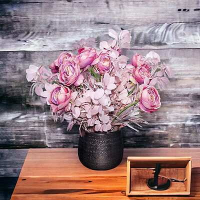 Aranjament din flori artificiale Armonie | Trandafiri real touch | Bijuterie agate indiana, cristale roz | AF0067