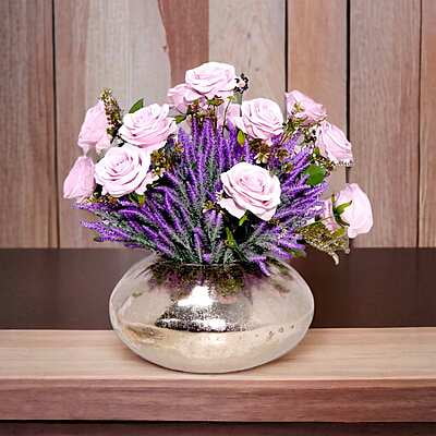 Aranjament din flori artificiale Elixir | Trandafiri si Lavanda real touch | Bijuterie quartz roz, cristale mov | AF0107