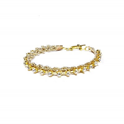Bratara cu strasuri aurii cu un rand | Pietre argintii stralucitoare | Model împletit cu închizătoare aurie din metal | Handmade | Structura plata | BR0002