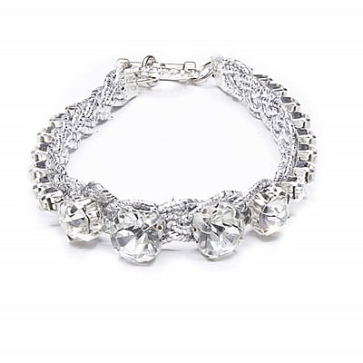 Bratara cu strasuri argintii cu un rand | Pietre argintii stralucitoare | Model împletit cu închizătoare argintie din metal | Handmade | Forma plata | BR0004
