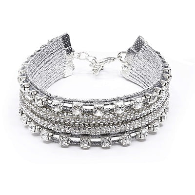 Bratara cu strasuri diferita | Pietre argintii stralucitoare | Inchizatoare din metal argintie | Handmade | Forma plata | BR0005