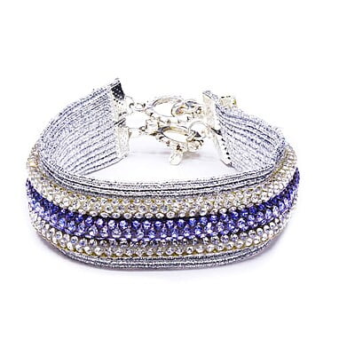 Bratara cu strasuri si culoare diferita | Pietre argintii si albastre stralucitoare | Inchizatoare din metal argintie | Handmade | Forma plata | BR0006