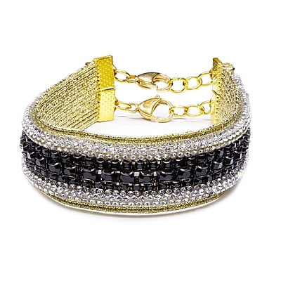Bratara cu strasuri diferita | Pietre argintii si negre stralucitoare | Inchizatoare din metal aurie | Handmade | Forma plata | BR0008