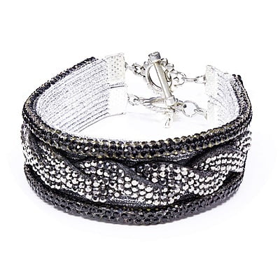 Bratara cu strasuri diferita | Pietre argintii si negre stralucitoare | Inchizatoare din metal argintie | Handmade | Forma plata | BR0009