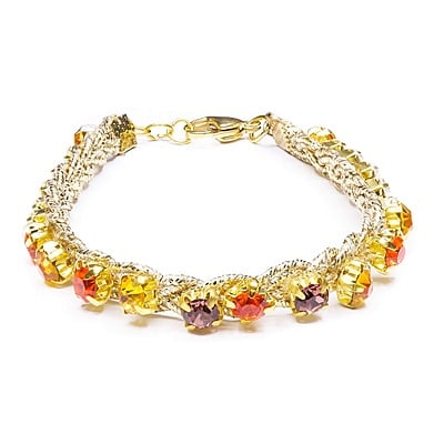 Bratara cu strasuri aurii cu un rand | Pietre multicolor stralucitoare | Model împletit cu închizătoare aurie din metal | Handmade | Forma plata | BR0010