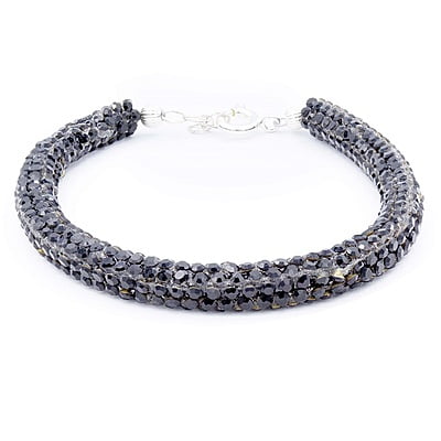 Bratara din snur | Batut in cristale negre diametrul 8mm | Inchizatoare din arginti | Handmade | Forma cilindrica | BR0022