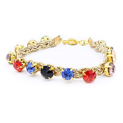 Bratara cu strasuri aurii cu un rand | Pietre multicolor stralucitoare | Model împletit cu închizătoare aurie din metal | Handmade | Structura plata aurie | BR0025