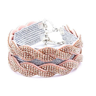 Bratara cu strasuri roz cu doua randuri | Pietre argintii stralucitoare | Inchizatoare toggle din metal argentie | Handmade | Structura plata aurie | BR0031