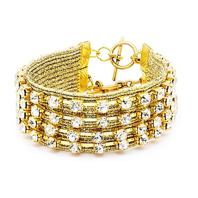 Bratara cu strasuri aurii cu patru randuri | Pietre argintii stralucitoare | Inchizatoare toggle din metal aurie | Handmade | Structura plata aurie | BR0032