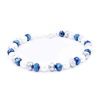 Bratara cu cristale albastre si argintii | Perle albe | Inchizatoare din argint | Structura Insirata | Handmade | BR0048