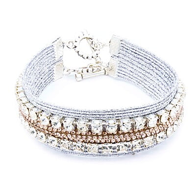 Bratara cu strasuri roz si argintii | Inchizatoare toggle din metal argintie | Handmade | Forma plata argintie | BR0053