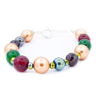 Bratara din argint cu pietre semiprețioase | Perla aurie de 10mm | Granat fațetat de 8 mm | Jad verde si hematit verde | Jad rosu fațetat de 10mm | Inchizătoare argint | Model inșirat | BR0065