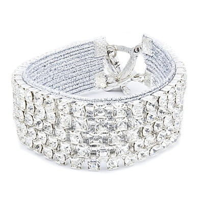 Bratara cu cinci randuri de strasuri | Pietre argintii stralucitoare | Inchizatoare toggle din metal argintie | Structura plata argentie | Handmade | BR0087