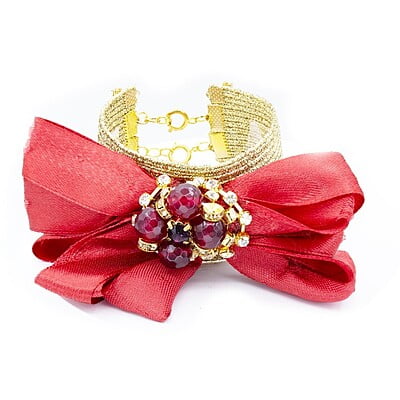 Bratara cu funda roșie din mătase | Pietre semiprețioase din jad rosu fațetat de 10mm | Strasuri aurii | Inchizatoare toggle din aurie | Handmade | Plata aurie cu glitter | BR0094