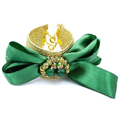 Bratara cu funda din mătase verde | Jad verde fațetat de 10mm cu strasuri auriu cu verde | Inchizatoare toggle din metal aurie | Handmade | Forma plata aurie cu glitter | BR0102
