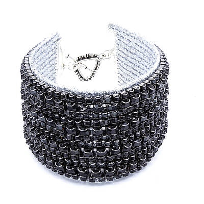 Bratara cu strasuri argintii si negre | Pietre argintii si negre stralucitoare | Inchizatoare toggle din metal argintie | Handmade | Forma plata | BR0107