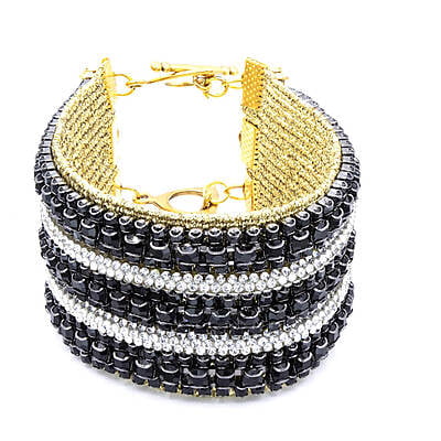 Bratara cu strasuri diferita | Pietre argintii si negre stralucitoare | Inchizatoare toggle din metal aurie | Handmade | Forma plata | BR0108