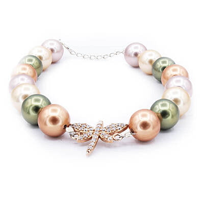 Bratara din perle de Mallorca|Perle colorate de 10mm | Element din argint cu zirconiu in forma de fluture| Inchizatoare din argint | Lant prelungitor | BR 0126